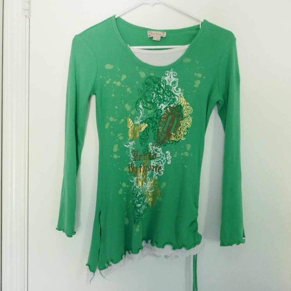 Knitworks girls asymetric hem long sleeve green top bell sleeves size L